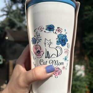 Cat Mom Floral Travel Mug - White and Blue